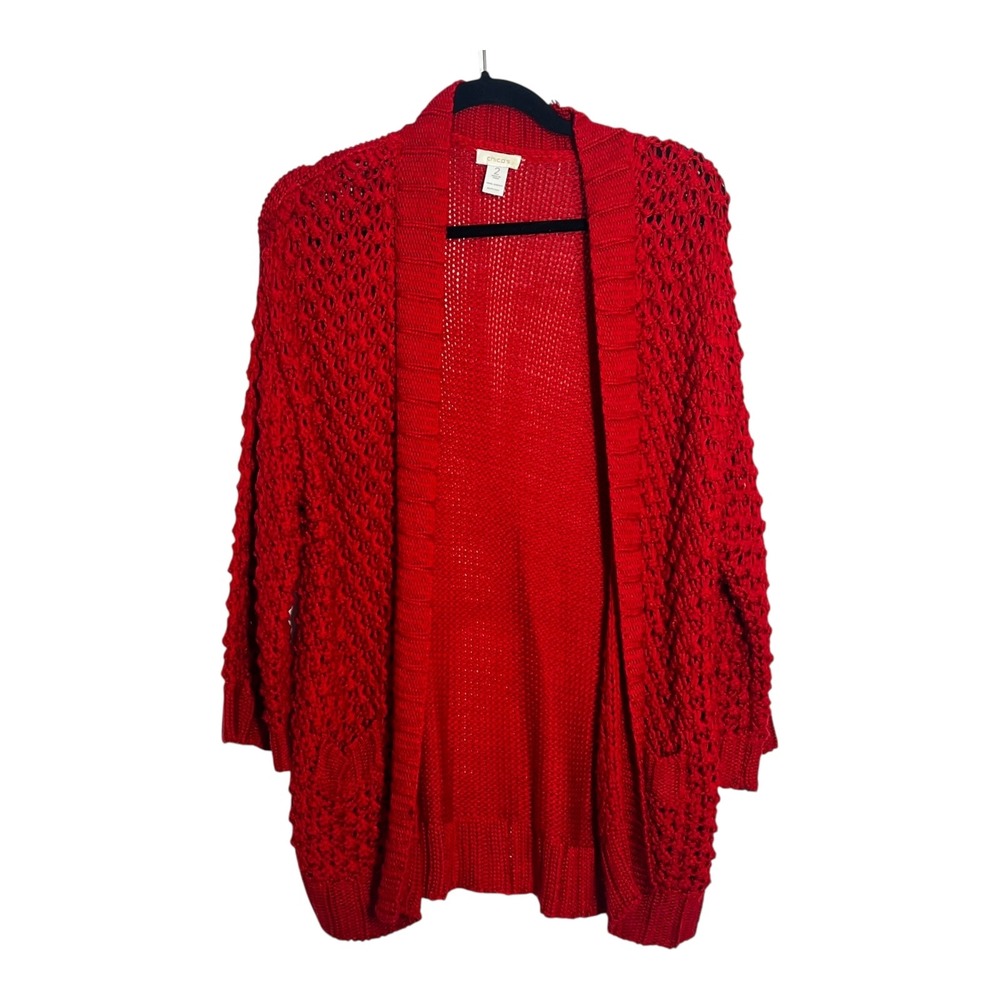 Chicos Red Open Front Textured Knit Cardigan Sweater Size 2 Large Pockets‎